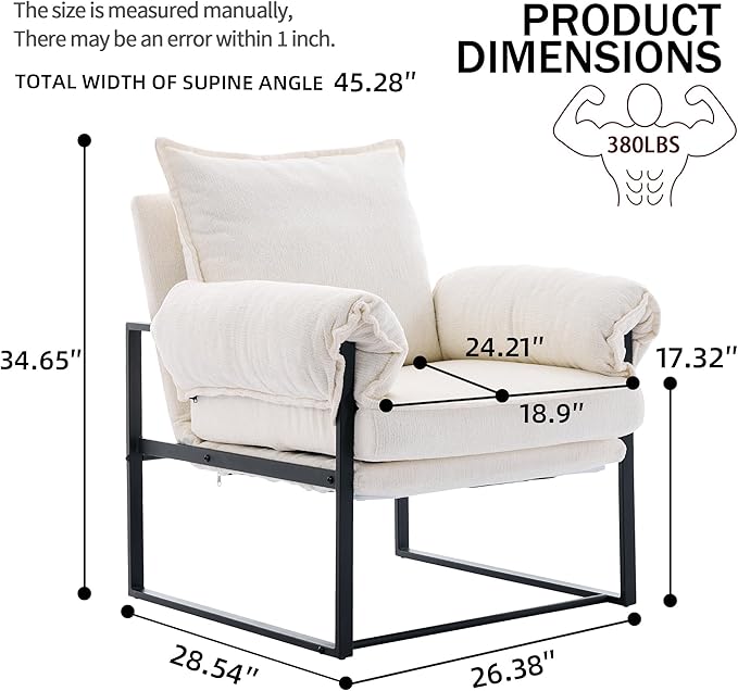 YITAI Modern Fabric Accent Chair with Adjustable Backrest for Living Room Comfy Reclining Chair for Lounge for Reading Upholstered Chair with Metal Legs2PC(White)