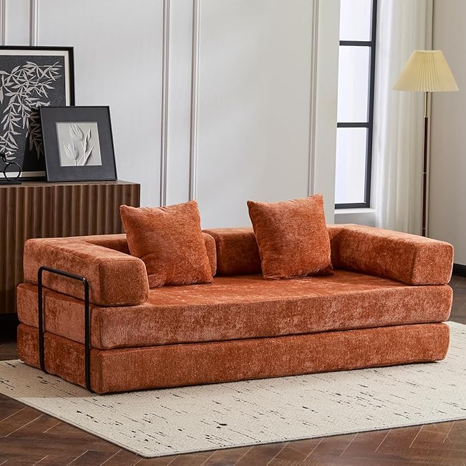 4-in-1 Convertible Folding Sleeper Sofa Bed Fold Out Floor Sofa Couch with Fixed-Shape Frame Cloud Corduroy Foldable Mattress Couch for Living Room Bedroom (78.5 Chenille Orange)