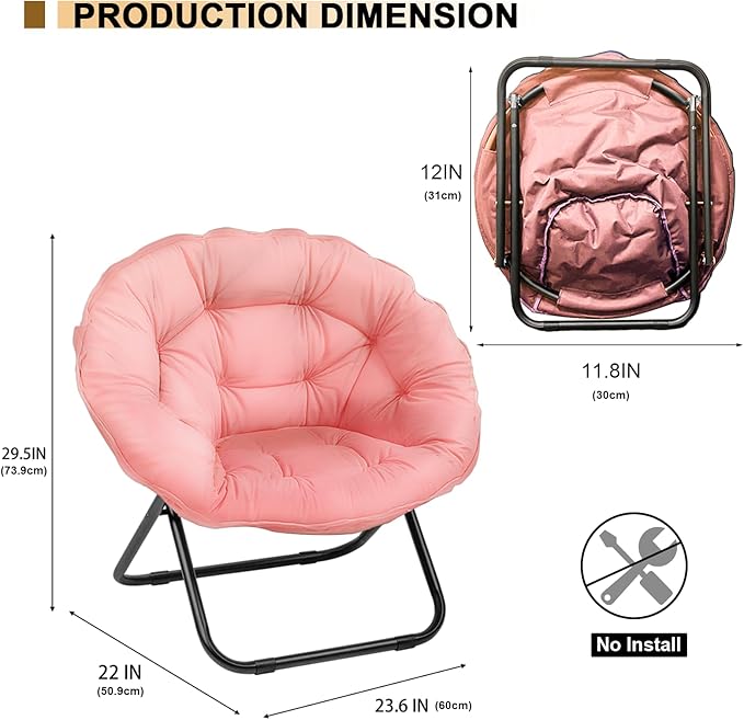 Folding Saucer Chairs for Living Room Circle Chairs with Faux Fur Moon Saucer Chairs for Adults Dorm Reading (Pink)