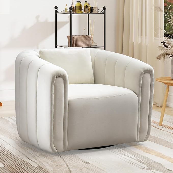 Bonzy Home Swivel Barrel Chair Modern Velvet Swivel Accent Chair with Channel Tufting Soft Upholstered Armchair for Living Room Bedroom Office (White 1 Pack)
