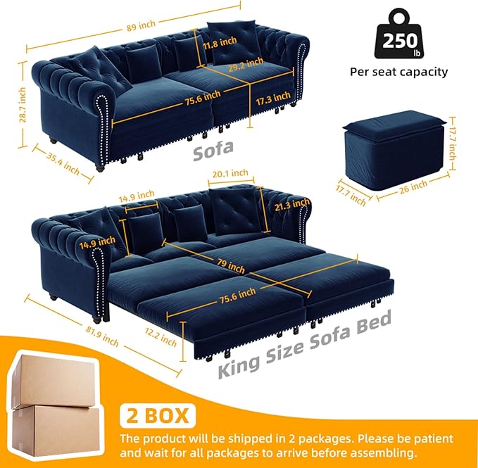3-in-1 Pull Out Sofa Bed - 89 King Size Convertible Sleeper Sofa Large Velvet 3-Seater Sofa with Movable Ottoman Sleek Rivet Detailing Tufted Design Pull Out Couch (Blue)