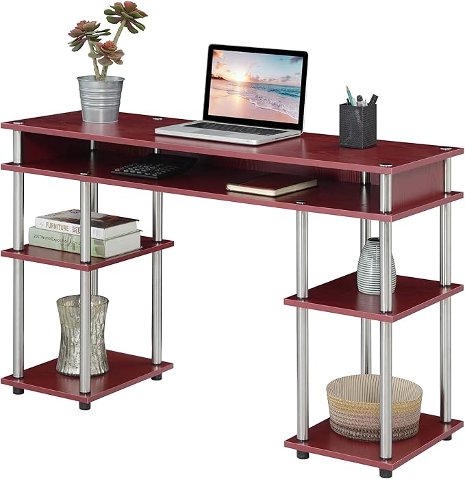 Convenience Concepts Designs2Go No Tools Desk Home Office Desk with Shelves Corner Shelf Vanity Desk Computer Desk Nail Table for Nail Tech - 47.25 L x 15.75 W x 30 H Dark Cranberry Red