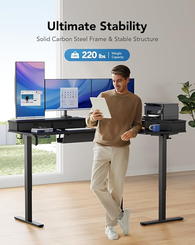 HUANUO 65″ L-Shaped Standing Desk with Power Outlets &amp LED Strip Electric Height Adjustable Corner Computer Desk Sit Stand Up Desk with 3 Drawers Black