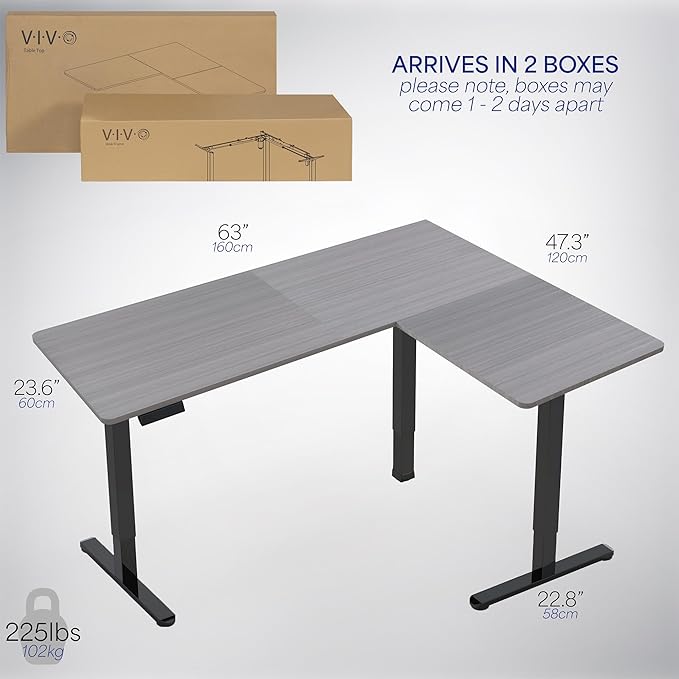 VIVO Corner Standing Desk 63 x 47 inch Reversible L-Shaped Workstation Electric Height Adjustment Home Office and Reception Rooms Dark Gray Table Top Black Frame DESK-E3CTG-47