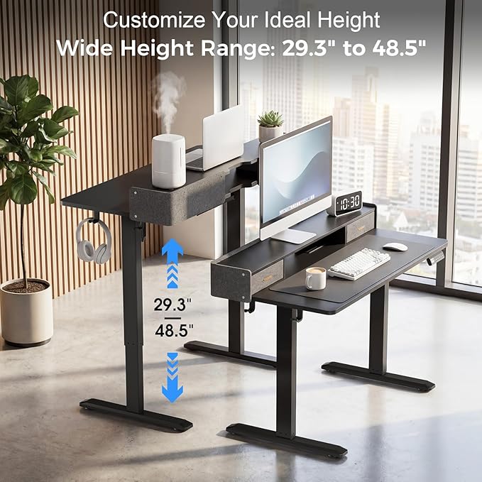 Electric Standing Desk with Drawers 55 Inch Height Adjustable Desk with Power Outlets &amp LED Lights Sit Stand Table with Monitor Stand for Home Office Black