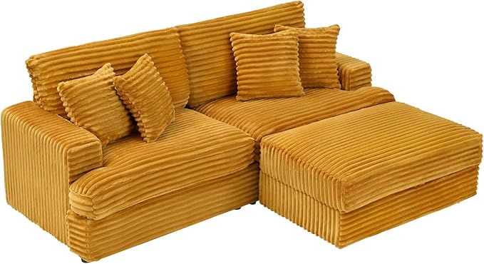 82 Inches Corduroy Square Arms Loveseat Sofa with One Storage Ottoman Comfy Deep Seat Modular Sectional Futon Couch with 4 Throw Pillows for Living Room Bedroom Office (Orange)