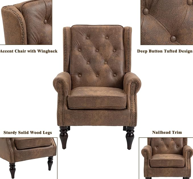 Mid-Century High Wingback Chair Set of 2Microsuede Accent Chair Armchair with ButtonsModern Living Room Chairs with Rivet DecorationLeisure Single Sofa Chair for BedroomHome Reception (Coffee)