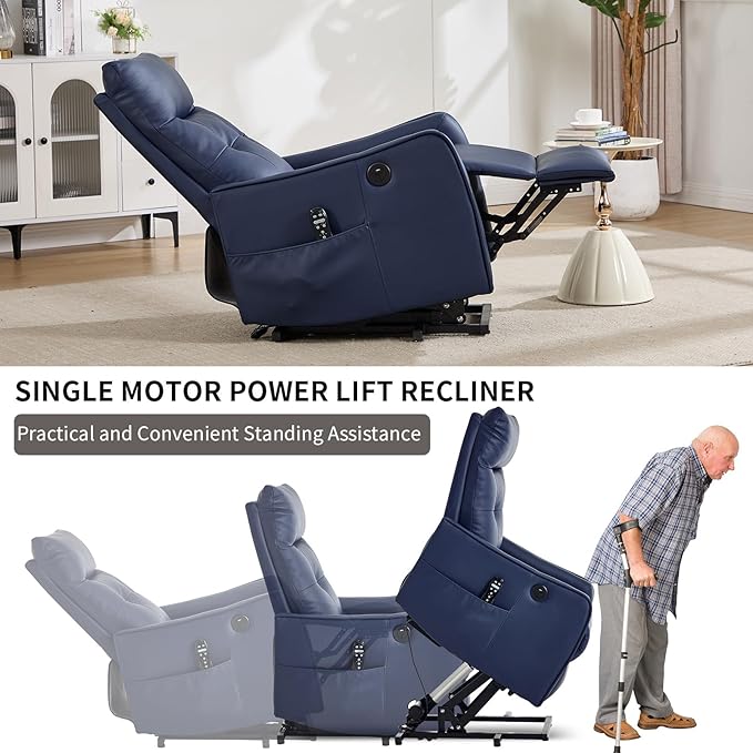 Small Power Lift Chair Recliner for Elderly Petite Power Recliner Chair with Massage and Heat | USB | High Back | Push Button | Side Pockets Liviing Room Easy Assembly (PU Leather Dark Blue)