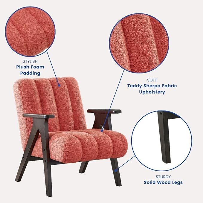 Roundhill Furniture Rella Modern Teddy Sherpa Accent Chair with Espresso Wood Frame Coral