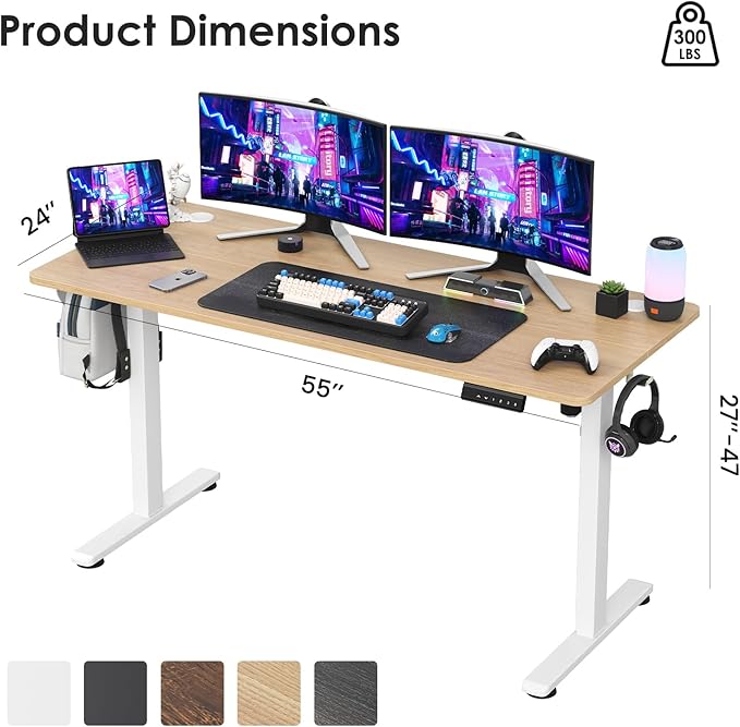 Soohow Electric Standing Desk 55 * 24 Inches Adjustable Computer Gaming Desk Stand up Office Desk for Home Office Bedroom Splice Board Natural and White