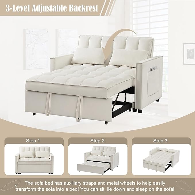 3 in 1 Convertible Sleeper Sofa Couch with Pull Out Bed55 Velvet Upholstered Futon Sofa BedModern Loveseat Sleeper Chaise with Adjustable Backrest for Living Room Guest Room Apartment(White)