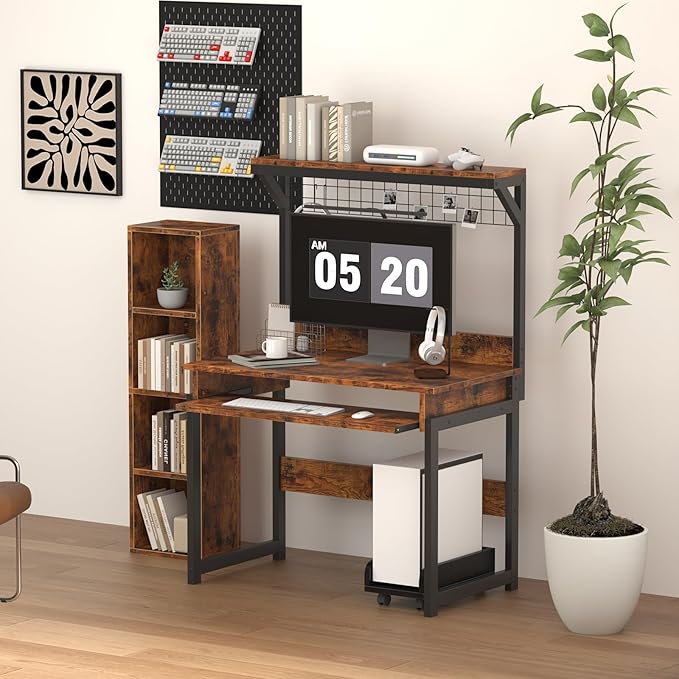 Gaming Computer Desk with Storage Shelves &amp Keyboard Tray 31.5 inch Desk for Small Spaces Home Office Desk with Host Rack for Living Room Study Room (Brown)