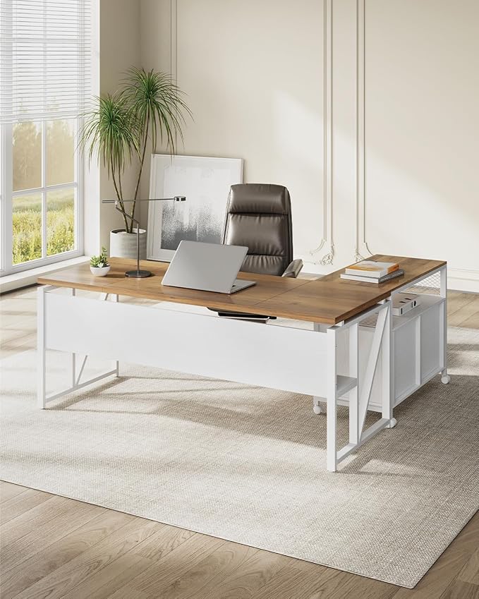 LITTLE TREE 63 L Shaped Executive Computer Desk and Drawer lateral File Cabinet Walnut