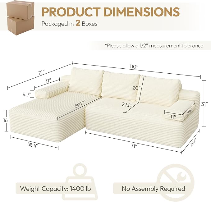 Yaheetech 110 Modular Sectional Sofa Corduroy Boneless Couch with Chaise L-Shape Cloud Couch with Detachable Pillows No Assembly Sofa for Living Room Beige