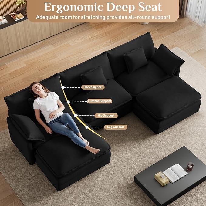 114 U Shaped Cloud Couch Sectionals Oversized Sectional Couches for Living Room Modular Couch Large Velvet Cloud Sofa with Movable Ottoman Black