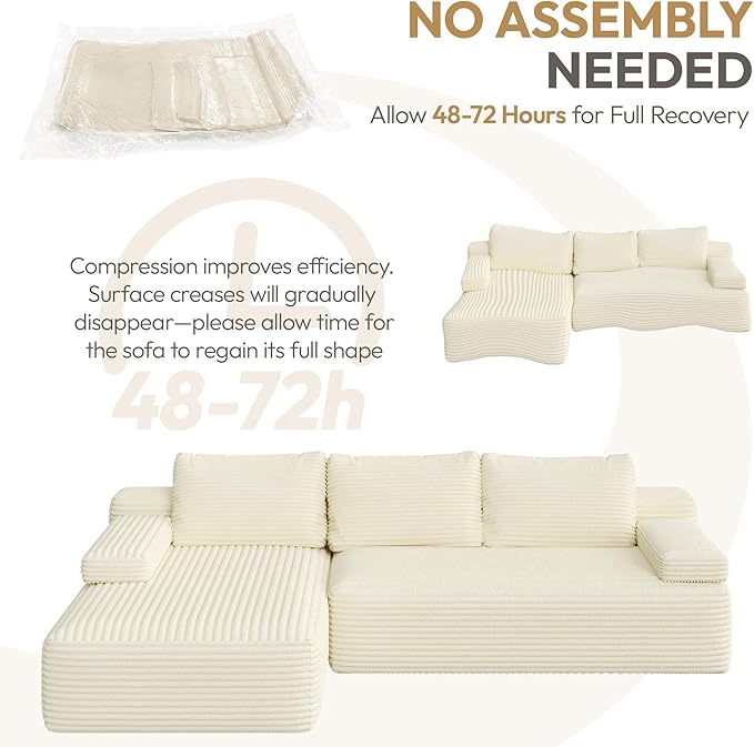 Yaheetech 110 Modular Sectional Sofa Corduroy Boneless Couch with Chaise L-Shape Cloud Couch with Detachable Pillows No Assembly Sofa for Living Room Beige