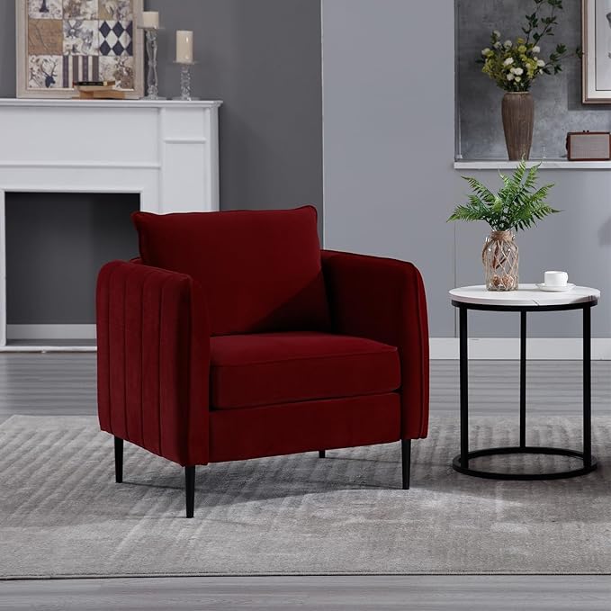 Wine Red Accent Chair for Living Room Modern Upholstered Accent Chair Comfy Velvet Armchair with Thick Cushion Single Sofa Arm Chairs for Bedroom Office Reading RoomClub (Wine Red)