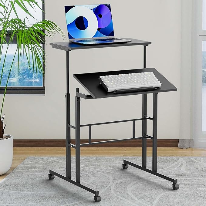 Small Standing Desk Adjustable Height and Angle Computer Laptop Desk Home Office Sit Standup Desk Portable Rolling Desk with Wheels 2 Platforms Black