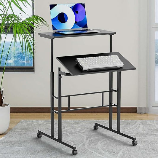 Small Standing Desk Adjustable Height and Angle Computer Laptop Desk Home Office Sit Standup Desk Portable Rolling Desk with Wheels 2 Platforms Black