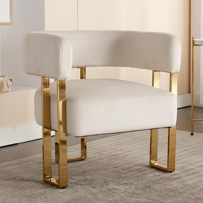 Barrel Accent Chair with Metal Frame Legs Modern Velvet Living Room Chairs Mid Century Upholstered Single Lounge Sofa Armchair for Living Room/Bedroom/Reading Room Beige