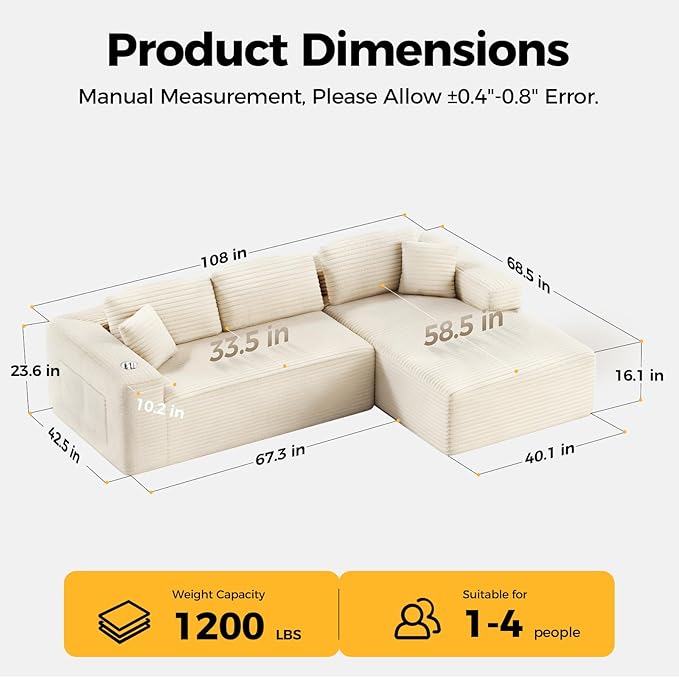 108” Cloud Sectional Couch Modern Modular Sectional Sofa with Deep Seat Corduroy Boneless Couches with Chaise L-Shaped Sofa for Living Room 4 Storage Pockets (Right Facing Chaise Beige)