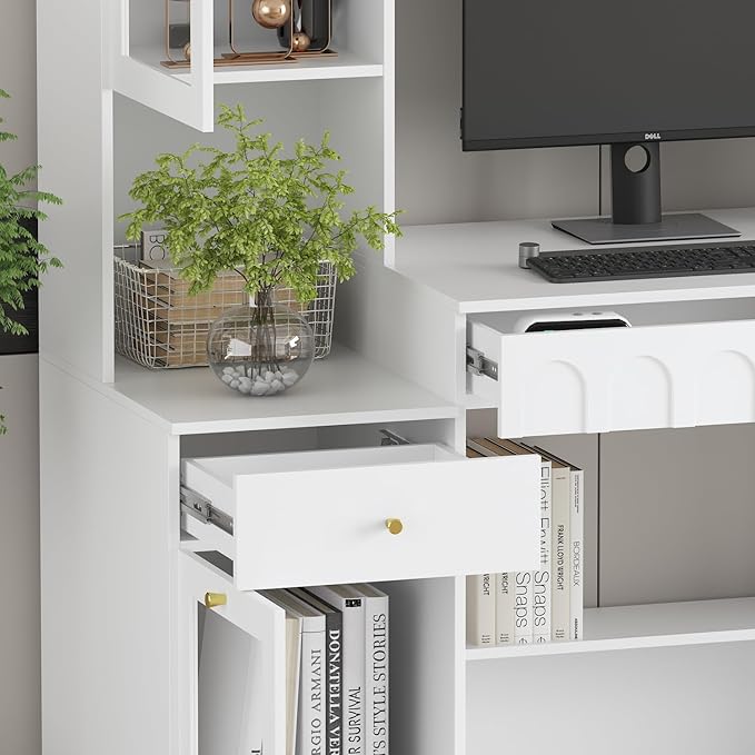 ECACAD Large Computer Desk with 79.1 Tall Bookshelf 62.4 L Corner Computer Desk with Glass Doors and Carved Arched Patterns Home Office Desk with 3 Drawers &amp 12 Shelves White