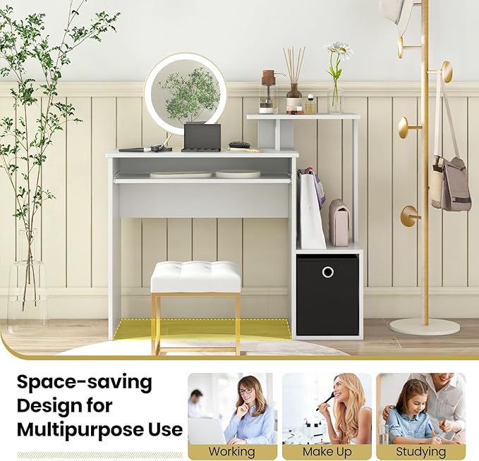 Computer Desk with Drawer 39.5’’ Writing Desk with Storage Shelf Keyboard Tray Study Table for Kids Rooms Wood Vanity Makeup Table Small Desk for Bedroom Living Room Home Office (White)