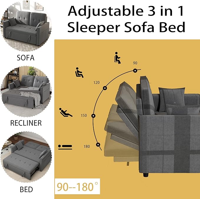 Grey Convertible Sofa Bed: 3 in 1 Sleeper Sofa Couch Bed Pull Out Couch with Adjustable Backrest Velvet Convertible Loveseat Sleeper for Living Room (Grey)