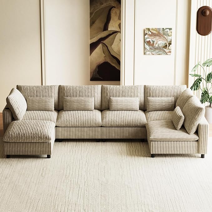 130 Oversized Cloud Couch Large Modular Sectional Sofa Modern U Shaped Sectional Couch 6 Deep Seat Sofa Set for Living Room Comfy Corduroy Cloud Sofa with Ottoman USB Port Cup Holder Light Brown
