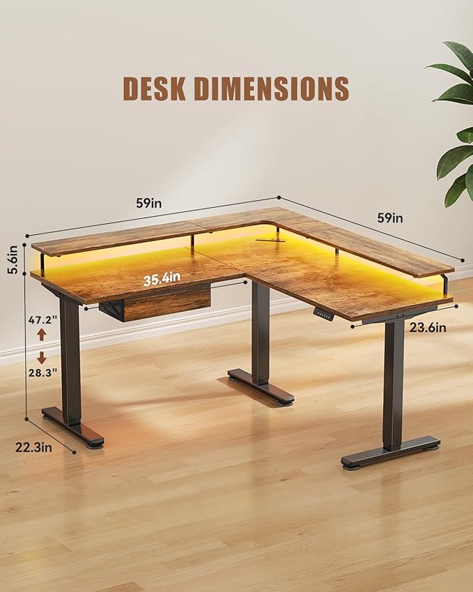 Flycity Electric L Shaped Standing Desk with Monitor Stand 59 Corner Computer Desk with Drawers Gaming Table with LED Lights &amp Power Outlet Home Office Stand Up Adjustable Height Table Brown