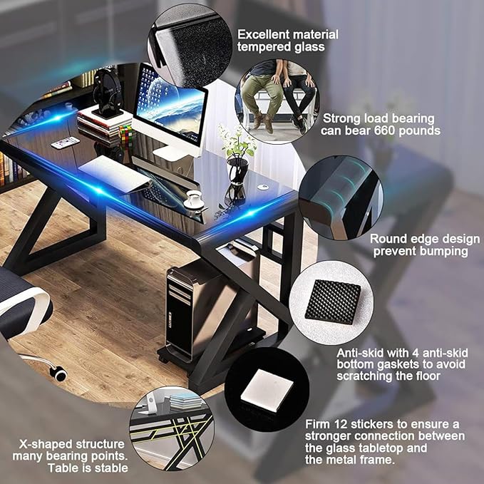 BINGTOO Glass Top Computer Desk with Metal Frame - Modern Simple Workstation for Home Office Gaming Writing Study &amp Work Black