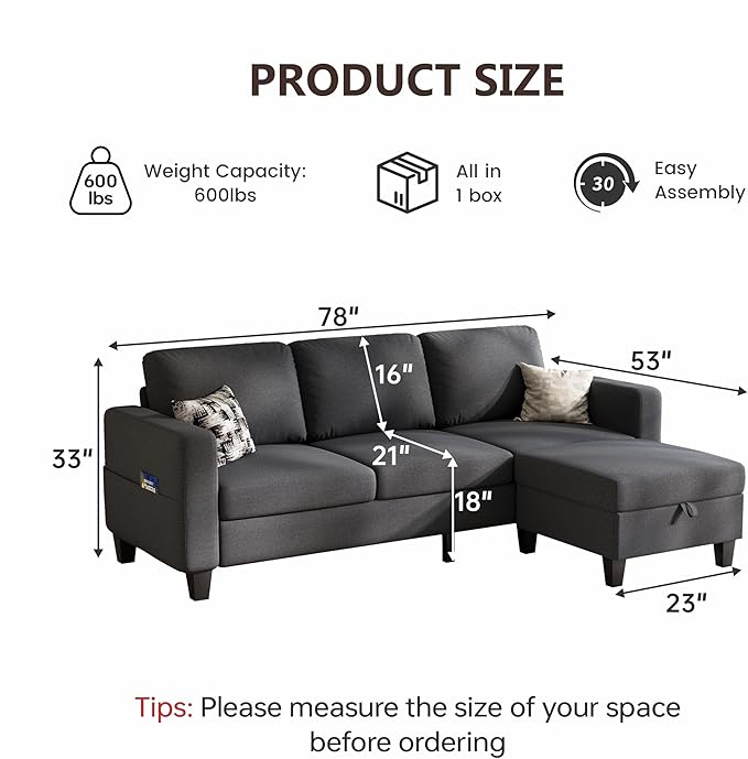 Sectional Sofa and Couches for Living Room 78'' Dark Grey 3 Seat L-Shaped Couch with Movable Ottoman Comfy Linen Convertible Sectionals Sofas with Chaise for Apartment Dorm Small Space