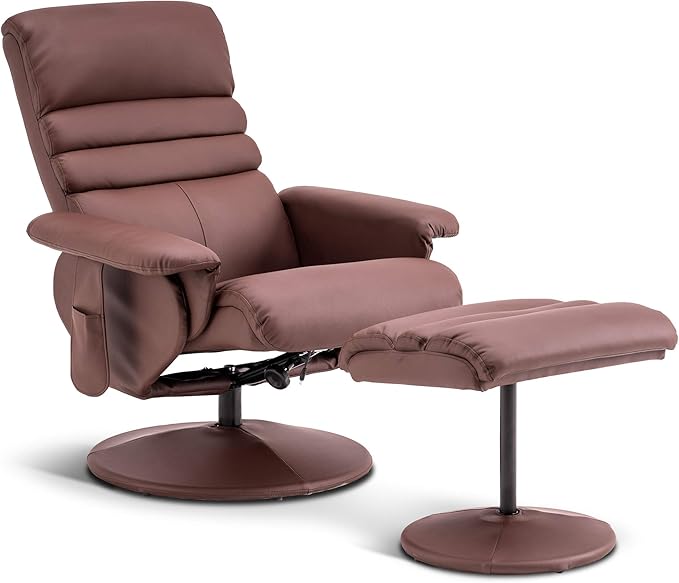 MCombo Recliner Chair with Ottoman Swivel Living Room Chairs Faux Leather Reclining Chair with Massage 7902 (Light Brown)