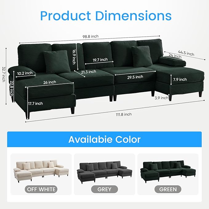PUREMIND Sectional Couches for Living Room U Shaped Sectional Sofa with Double Chaise Lounge and Sleepable Armrests Corduroy 4 Seater Sectional Sofa Living Room Furniture