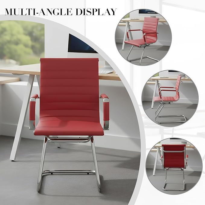 CIMOTA Waiting Room Chairs Leather Office Guest Chair Mid Back Reception Chairs with Sled Base for Meeting/Patient/Conference Room Red Set of 2