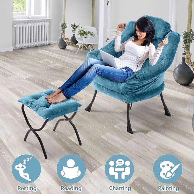 Lazy Chair with Folding OttomanLeisure Sofa ChairSoft Fabric Armchair with Armrests and Side Pockets Reading Chair with Footrest for Living Room Bedroom Office (Plush Blue)