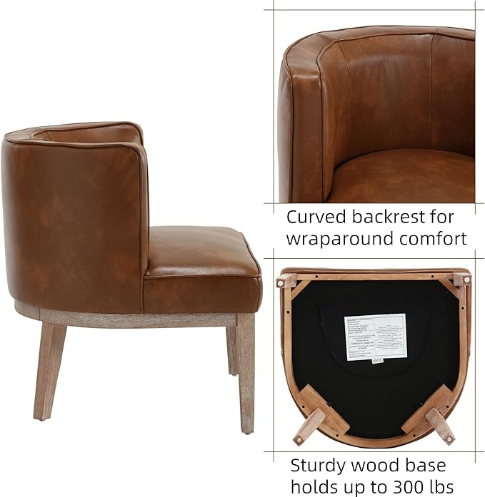 Arm Accent Chair Barrel Accent Chair with Wood Legs Brown Leather Comfy Barrel Round Side Chair Upholstered Reading Chairs with Back for Living Room Bedroom Living Room Chair Brown