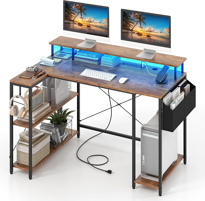 L-Shaped Gaming Desk with LED Lights &amp Power Outlets 48 Computer Table with Storage Shelves Monitor Stand Home Office Desk with Metal Frame Rustic Brown/Black (Rustic Brown)