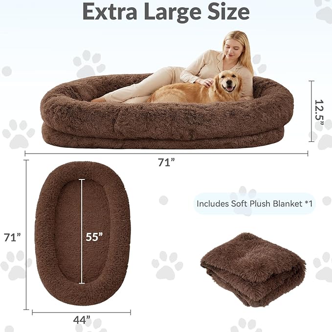 71x44x12.5 Human Dog Bed for Adult Faux Fur Washable Human Dog Bed Portable Handle Egg Orthopedic Foam Human Bed Extra Large with Present Blanket Brown
