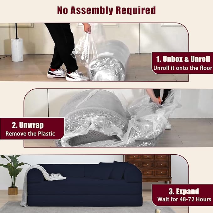 JJJ 63 inch Sofa Bed 4-in-1 Boneless Convertible Corduroy Sleeper Folding Couch with Fixed-Shape Frame and 2 Futons No Assemble Required 3 Seater Upholstered for Living Room (Blue 63 inch)