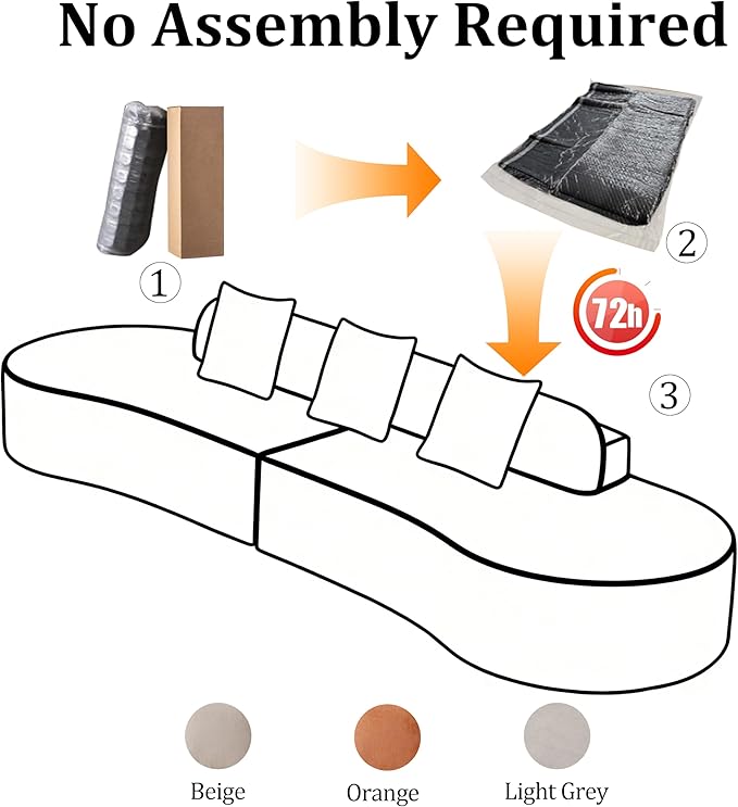 130'' Curved Modular Sectional Long Sofa Modern Cloud Boneless Deep Seat Couch Plush Terry Cloth Compressed Upholstered Lounge Sofa for Living Room No Assembly Required Light Grey 3 Pillows