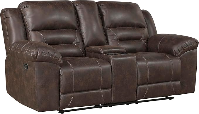 Lexicon Double Recliner Loveseat with Center Console Wall Hugger Manual Reclining Couch Textured Microfiber Upholstered Dual Reclining Love Seat Home Theater Seating Required Assembly Dark Brown