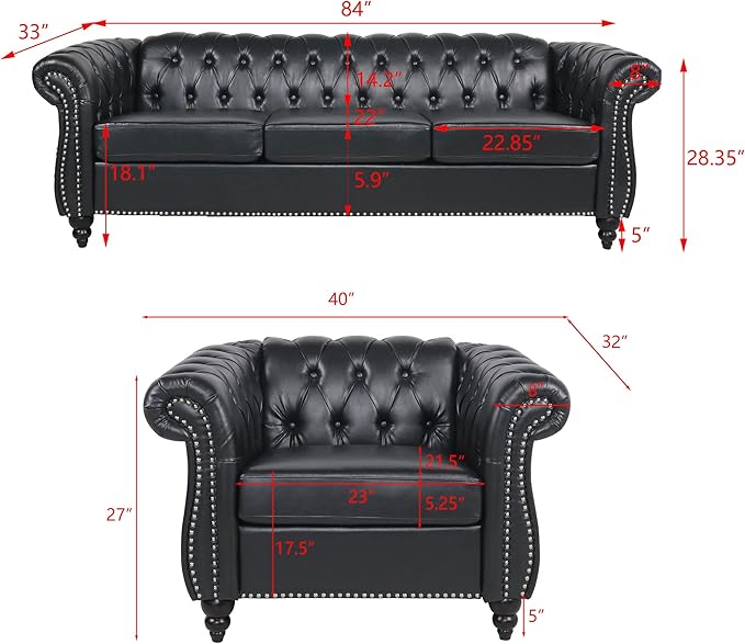 RARZOE Modern 2 Pieces Living Room Sofa Set Contemporary Tufted Button Faux Leather Chesterfield Three-Seater Couch and Accent Club Chair with Nailhead Trim Scroll Arms for Home Furniture (Black)