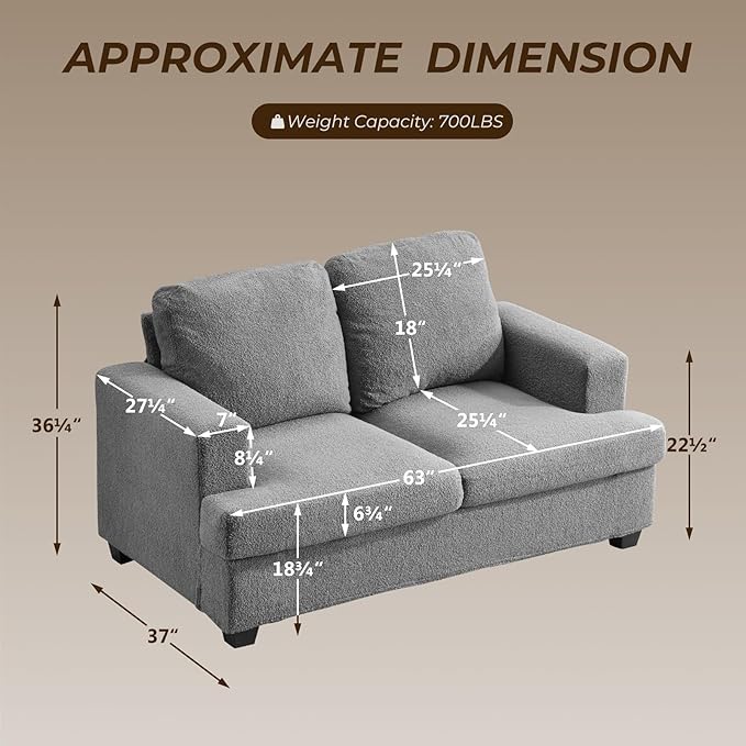 Furnimart 63 Loveseat Couch Modern Deep Seat Sofa for Living Room Comfy Love Seat Couches for Small Spaces Removable Sofa Cover Small Two Seater Couch for Bedroom Office Faux Fur Dark Grey