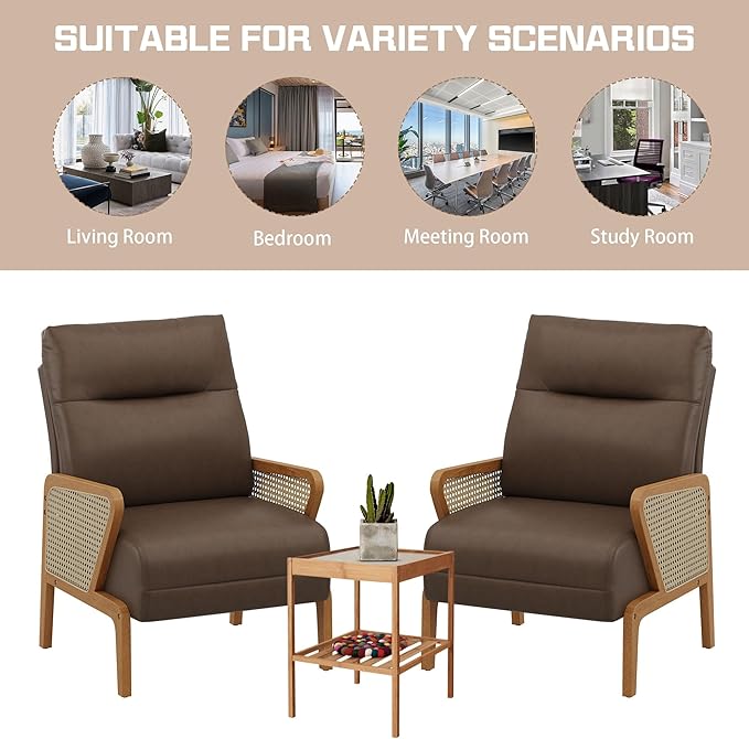 Alunaune Upholstered Living Room Chairs Accent Chair Armchair Set of 2 Natural Rattan Faux Leather Slipper Club Chair Guest Reception Couch Comfy Single Sofa for Reading Bedroom-Brown