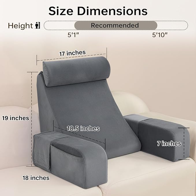 ENITYA Reading Pillow for Sitting in Bed Adult 19 Back Support Pillow for Bed Sitting up Backrest Cushion for RecliningGamingRestingWatching TV in Couch or Floor Wedge with Arms Medium(Grey)