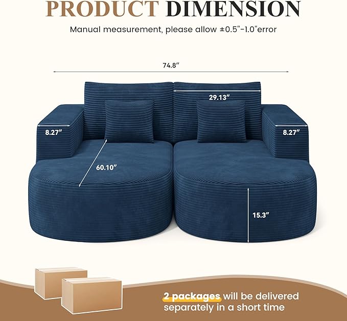 Modular Sectional Sofa BedConvertible Cloud Couches for Living Room2 Chaise Corduroy Boneless Couch Sleeper Sofa SetOversized Chaise Lounge Chair for BedroomNo Assembly RequiredBlue 1PCS