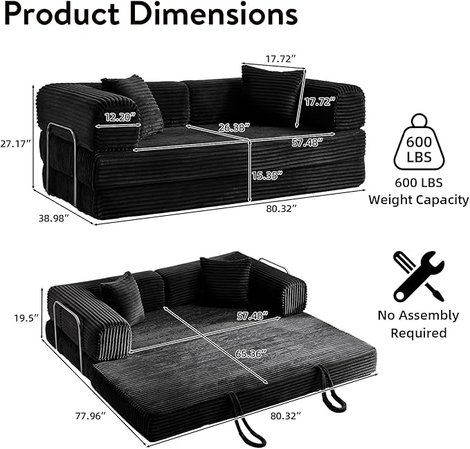 4-in-1 Convertible Folding Sleeper Sofa Bed Plush Corduroy Foldable Mattress Couch with Fixed-Shape Frame Floor Compressed Sofa for Living Room Bedroom (Black)
