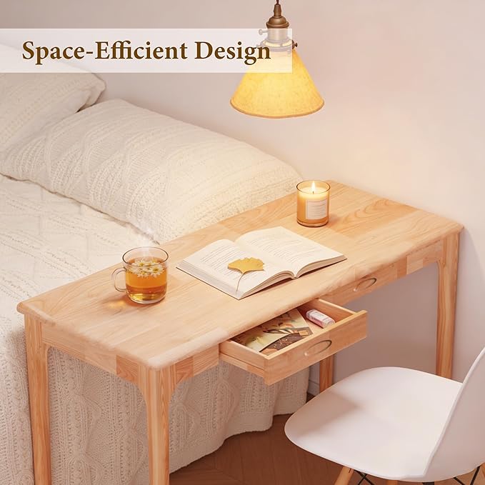47 Solid Wood Desk with Drawers Small Home Office Writing Wooden Desk Gaming &amp Computer Desk for Bedroom Work Study Table for Small Space(Beech47Inch)