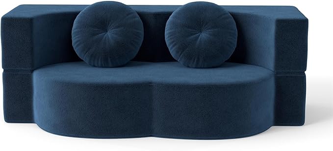 76 Plush Corduroy Convertible Sleeper Sofa Bed Modern Loveseat Sofa with 2 Pillows Compression Couch with Folding Mattress for Living Spaces Blue